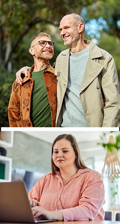 UC Online students, an older male and an older woman in a wheelchair.